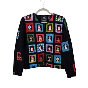 Michael Simon Christmas Cardigan Black M Beaded Window Applique 2001 Y2K
